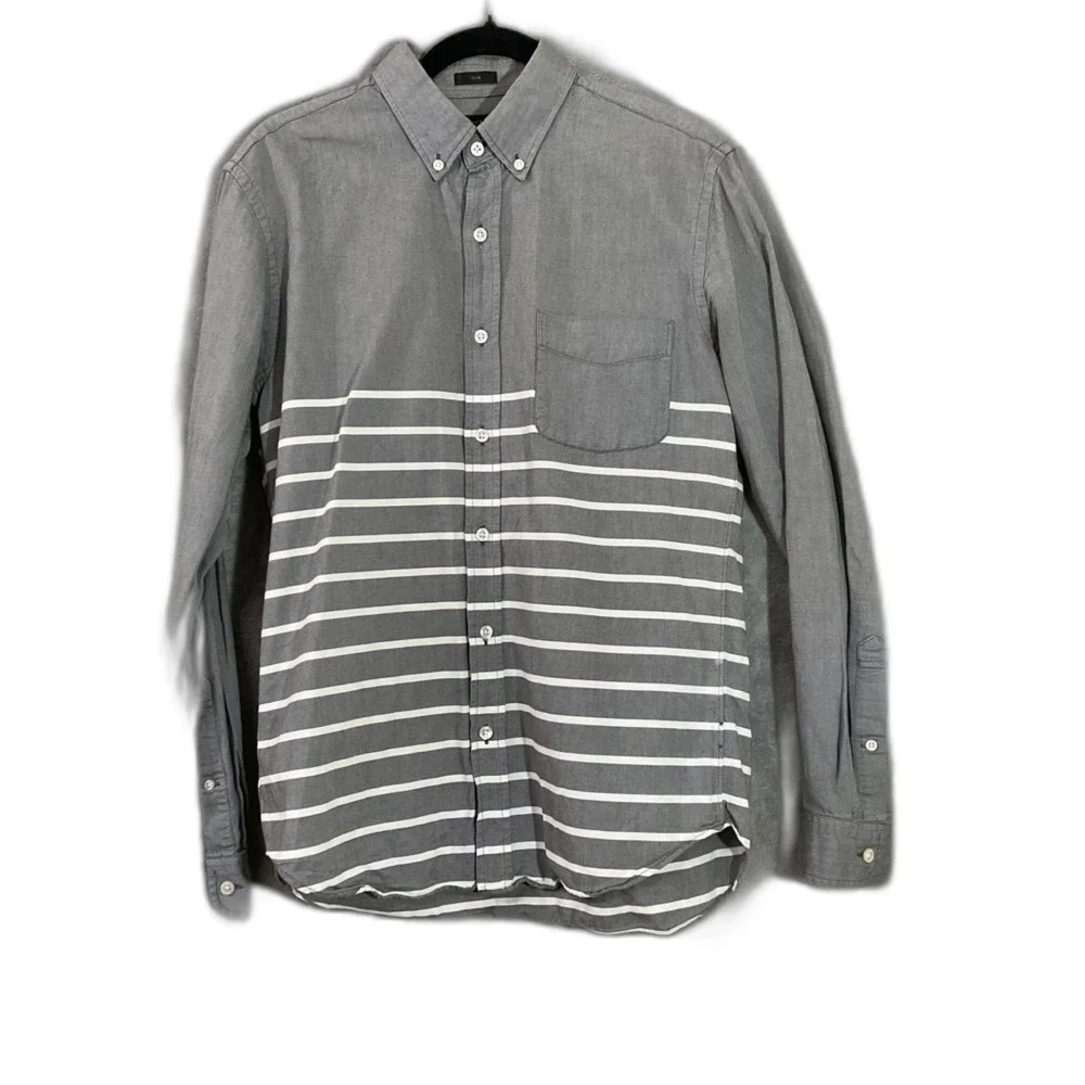 J Crew  Oxford Shirt Mens Medium Slim Fit Gray White University Stripe LS pocket